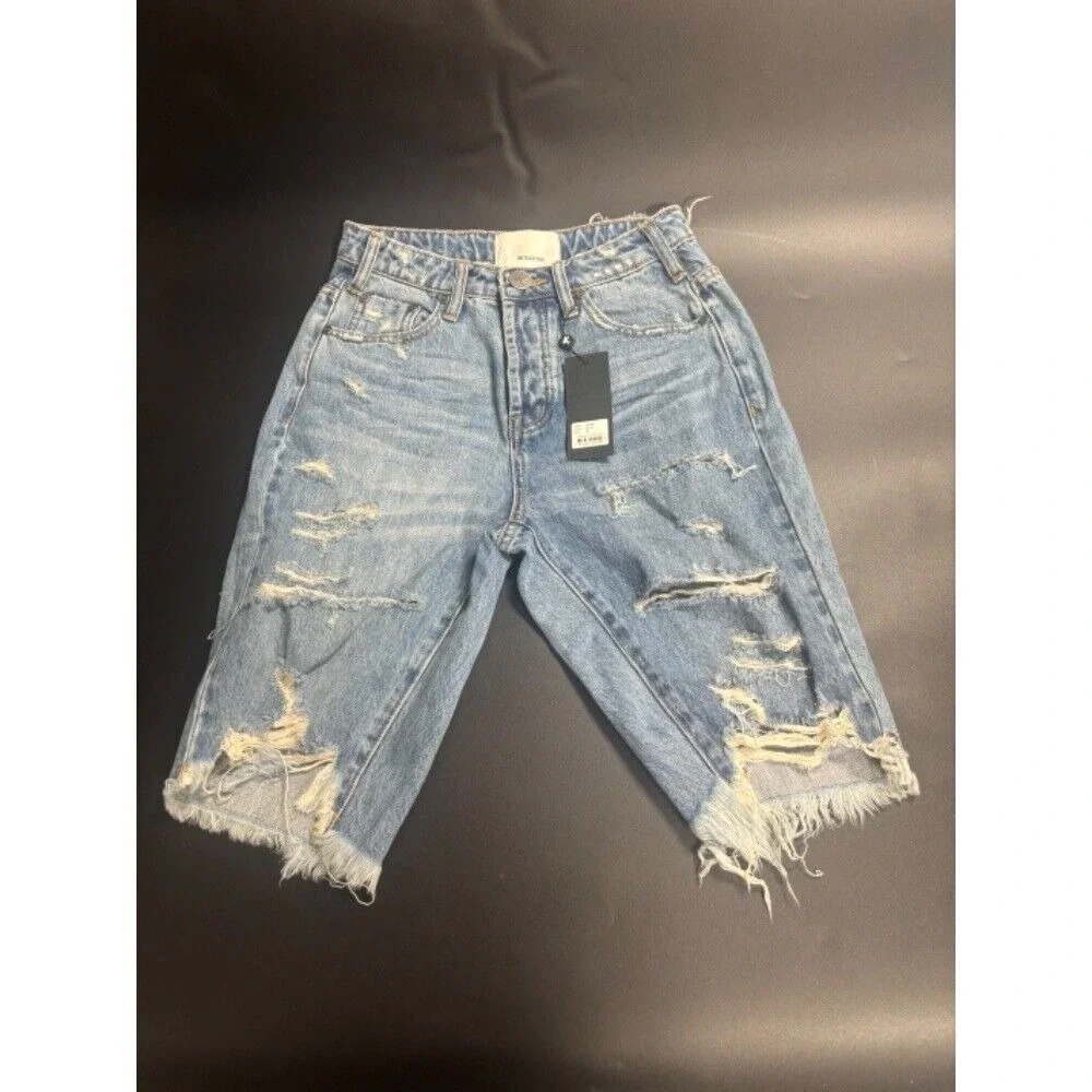 One Teaspoon NWT Long Trucker Denim Distressed Shorts in Blue Size 24‎ MSRP $135